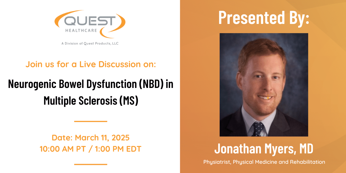 a graphic promoting the event: Neurogenic Bowel Dysfunction (NBD) in Multiple Sclerosis (MS) on Tuesday, March 11, 2025